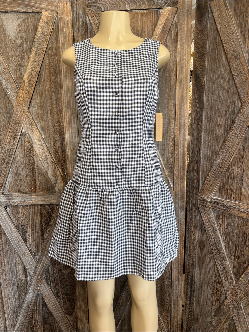 NWT Kourt Sleeveless Navy and White Gingham Drop-Waist Dress Size 6